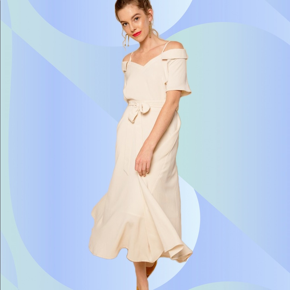 Beige off shoulder dress by Petite Studio NYC